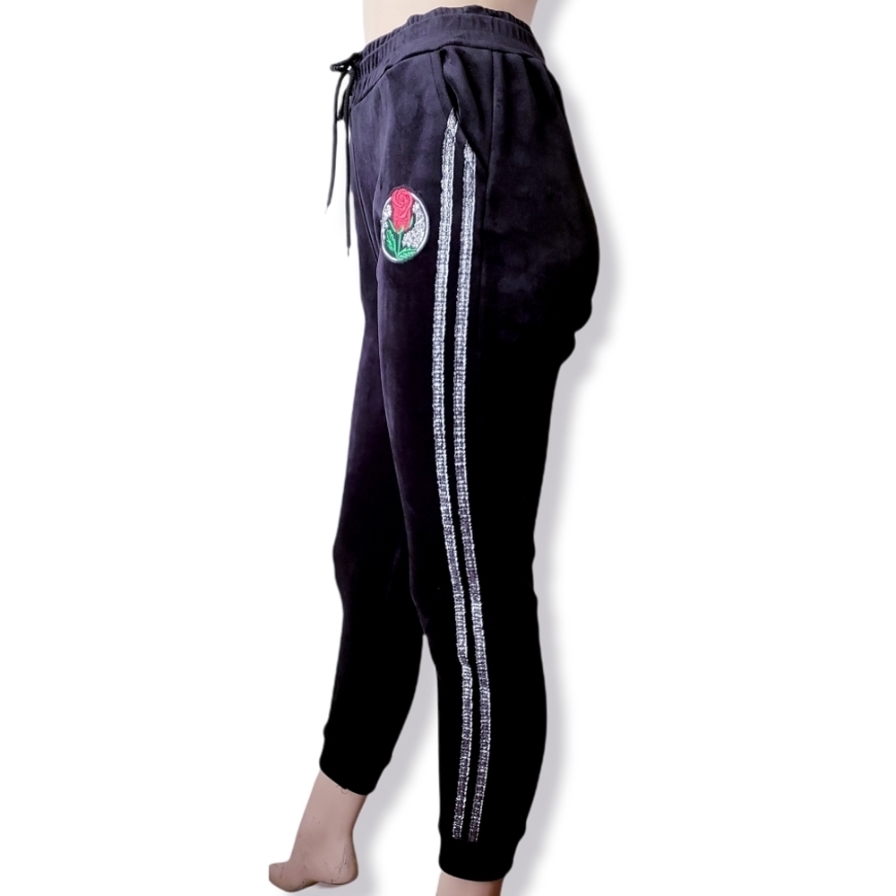For You Black Luxe Velvet Fleece Floral Silver Metallic Side Stripes Joggers